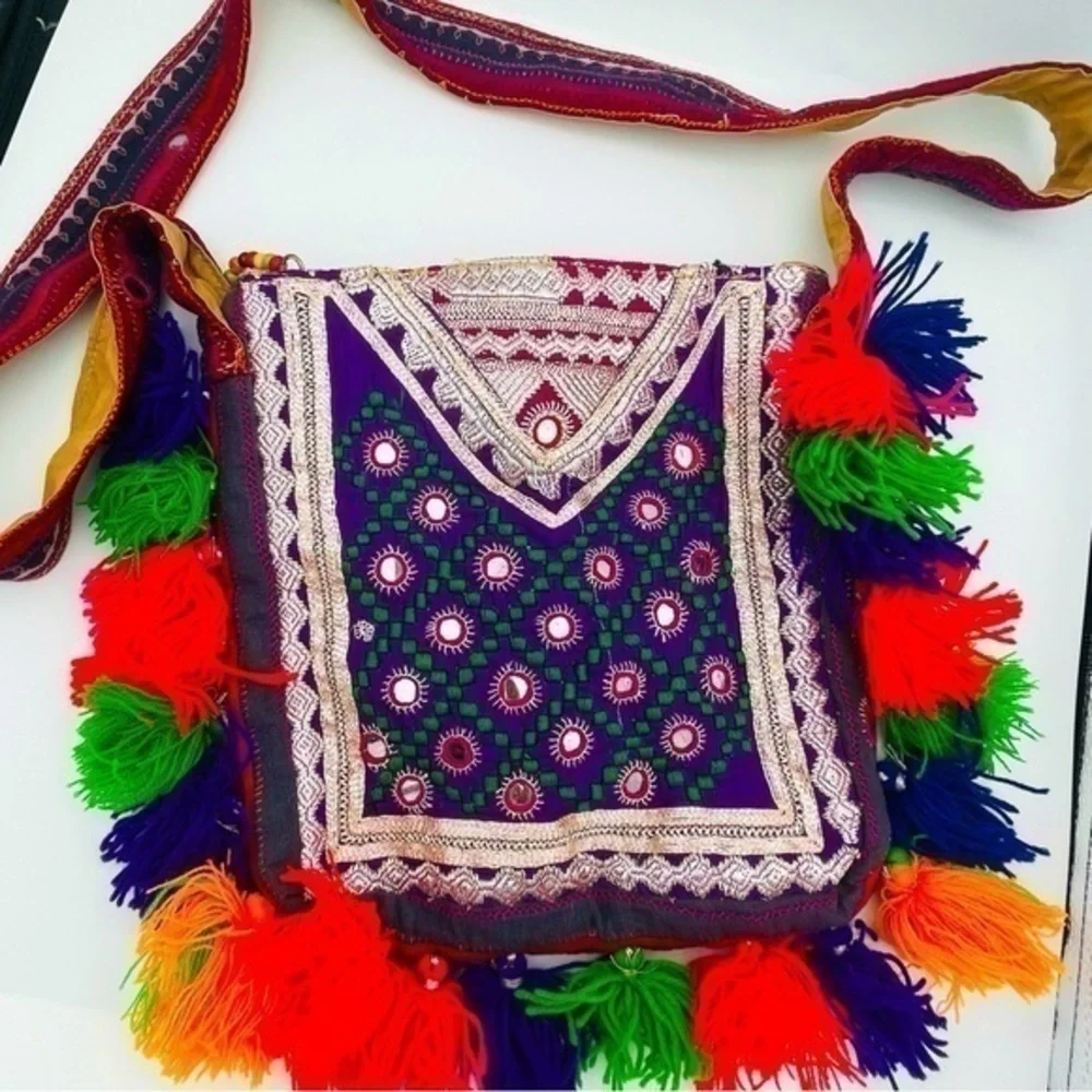 Anthropologie Boho Crossbody Bag Multicolor Tassel Embroidered Festival Purse